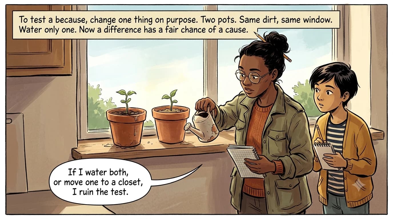 A researcher waters one of two identical plant pots on the same windowsill, leaving the other dry on purpose.