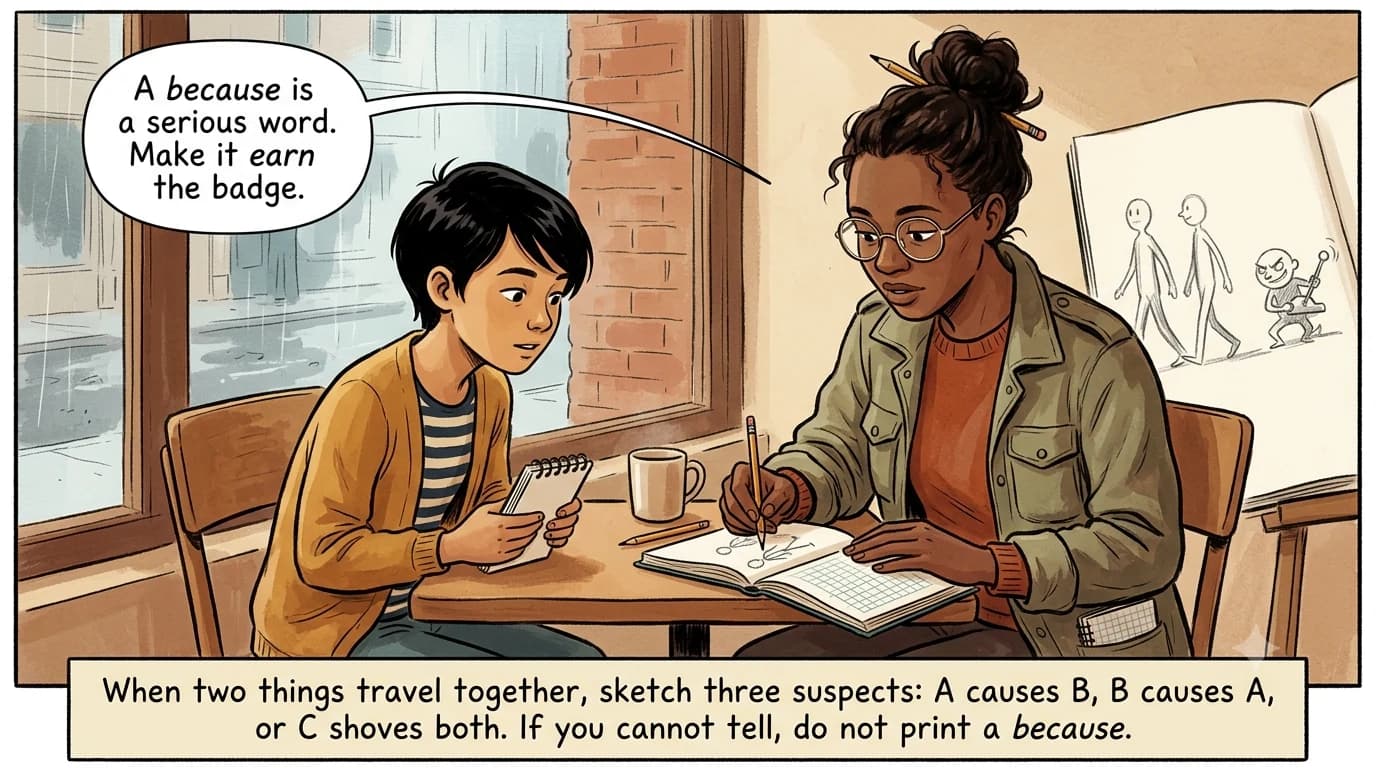 A researcher sketches two figures traveling together and a third sneaky character with a lever, the hidden cause.