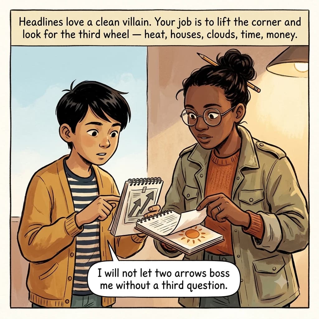 A kid holds a news clipping of two rising arrows while a researcher peels it back to reveal a hidden third cause.
