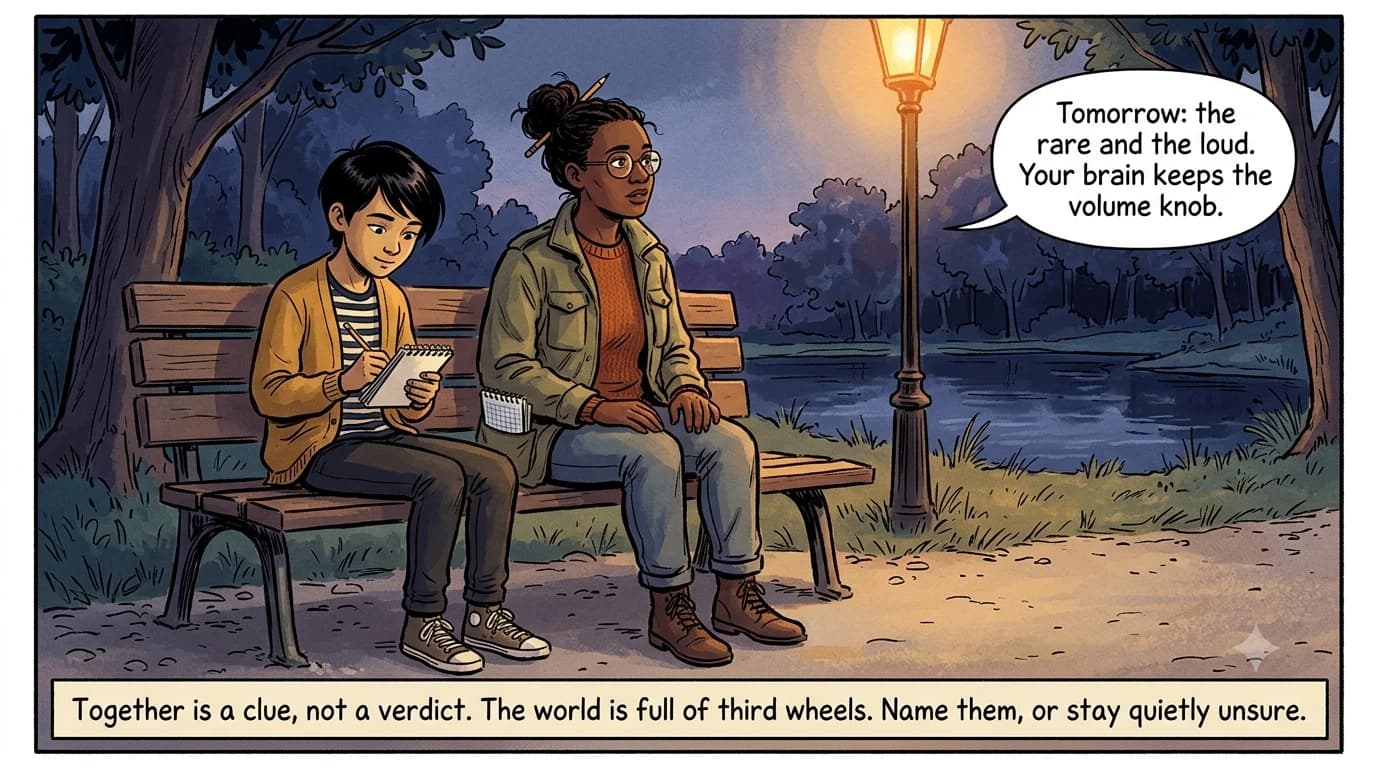 At dusk a kid writes that together is not because, while a researcher hints at tomorrow's lesson on rare events.