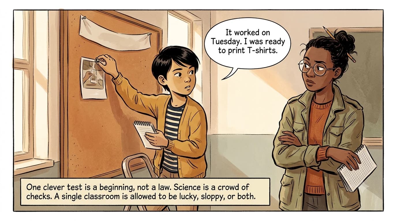 A kid pins a single classroom experiment on a bulletin board labeled as science, while a researcher looks unconvinced.