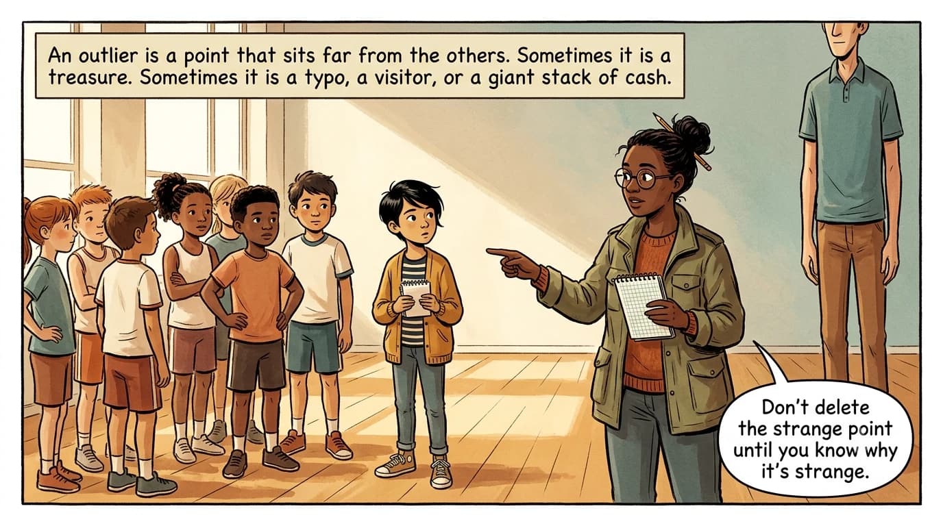 A height lineup of kids includes one extremely tall visitor standing apart, an outlier in the group.