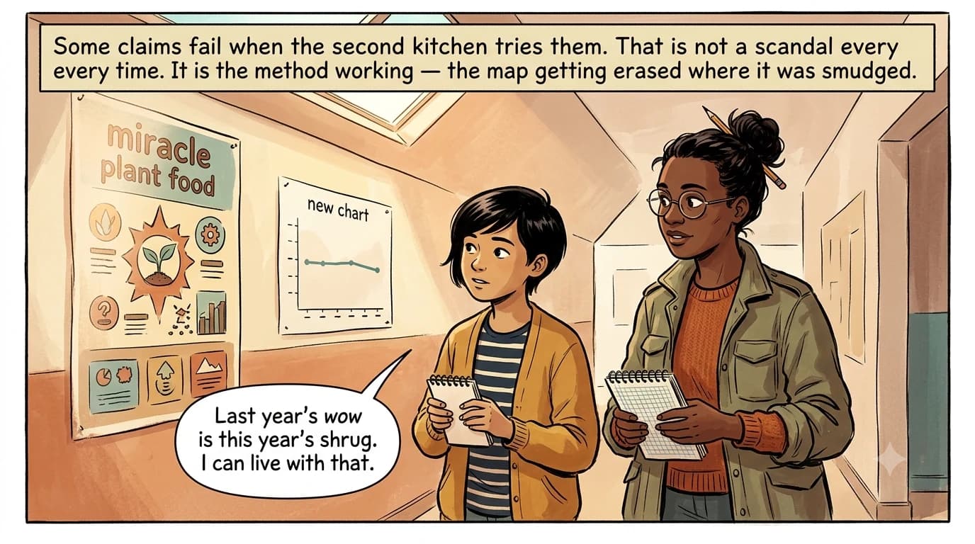 A faded miracle plant-food poster hangs beside a quiet follow-up chart that found almost no effect.
