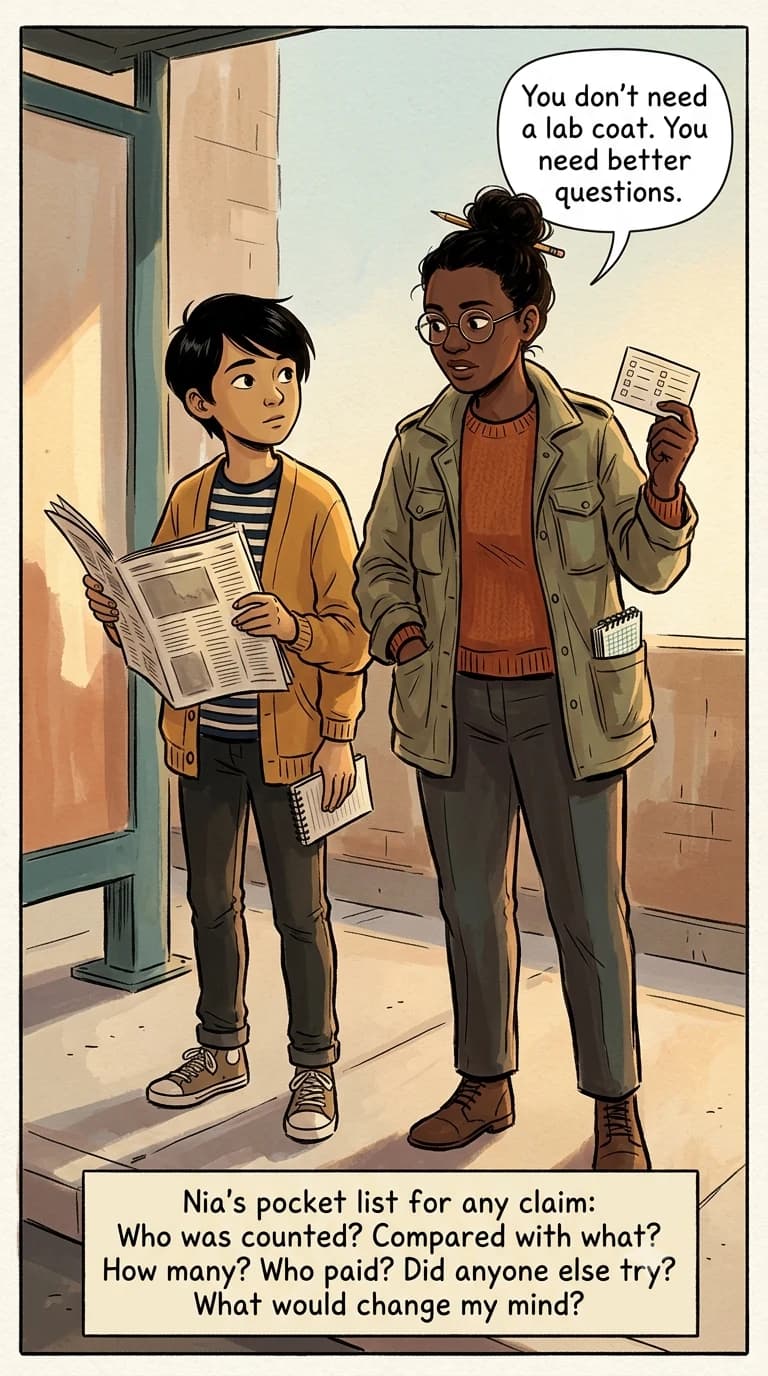 A kid reads a newspaper headline while a researcher holds a short pocket checklist of skeptical questions.