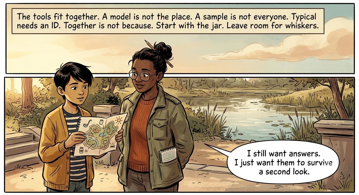 A kid annotates the original park map with notes about models, samples, averages, causes, and uncertainty.