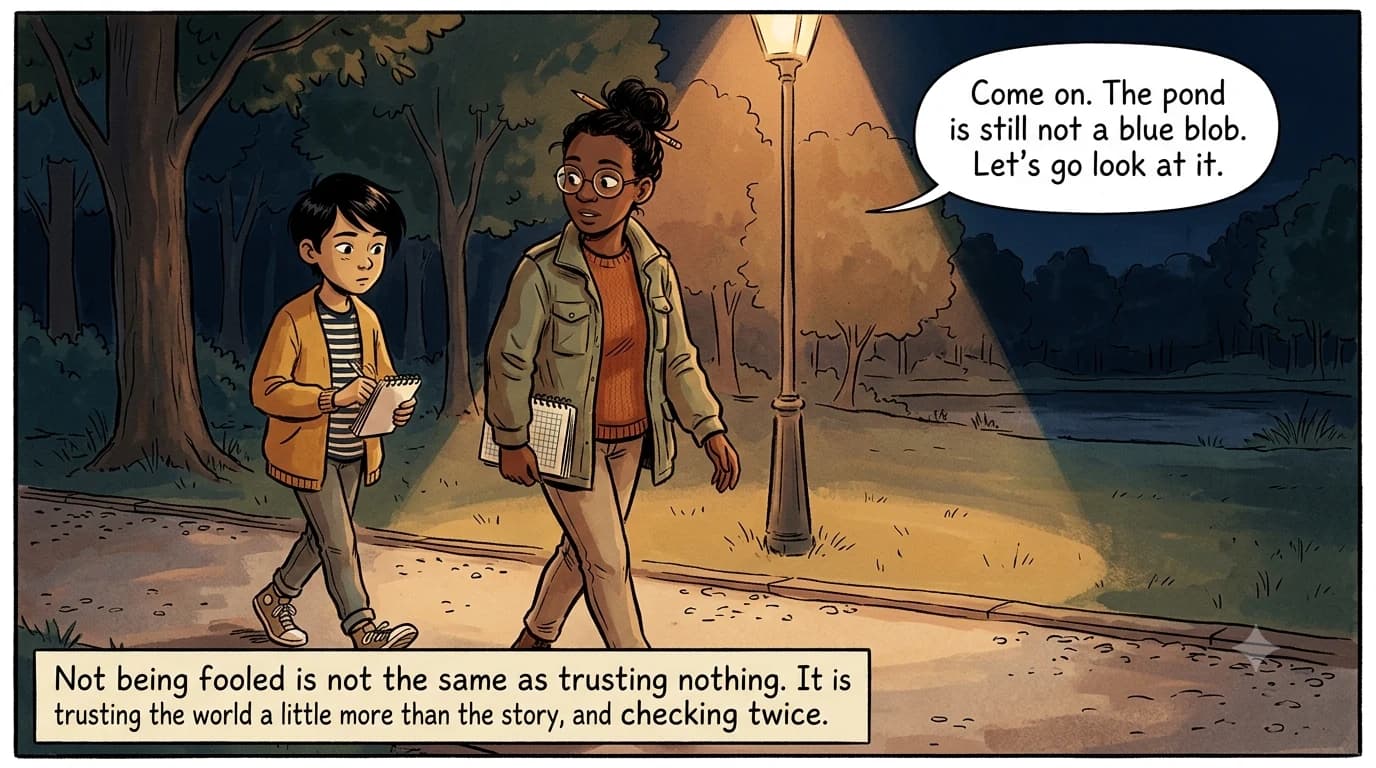 At night a kid closes a notebook while a researcher leads the way down a real park path toward the pond.