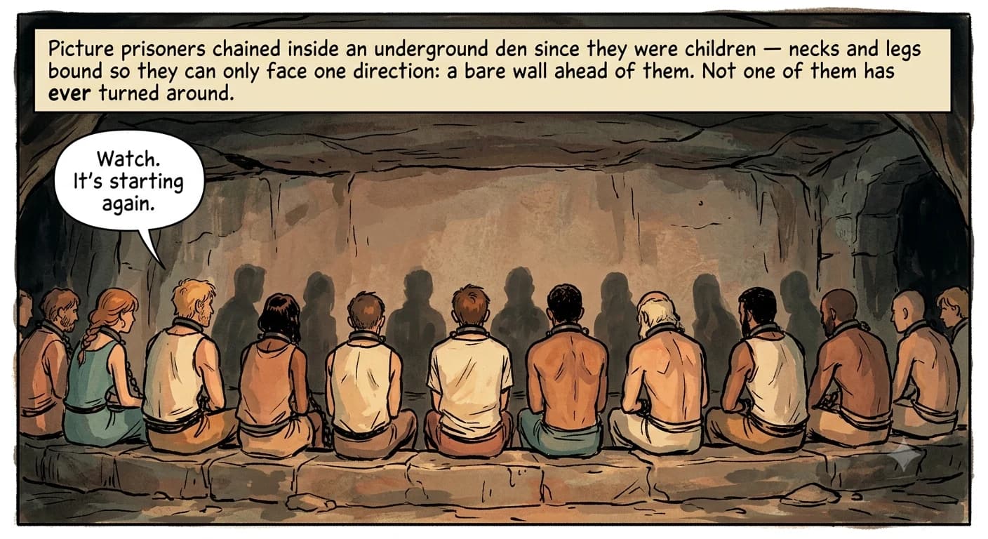 A row of prisoners, chained by the neck and legs since childhood, sit facing a bare stone wall deep underground, lit only by the glow of an unseen fire burning behind them.