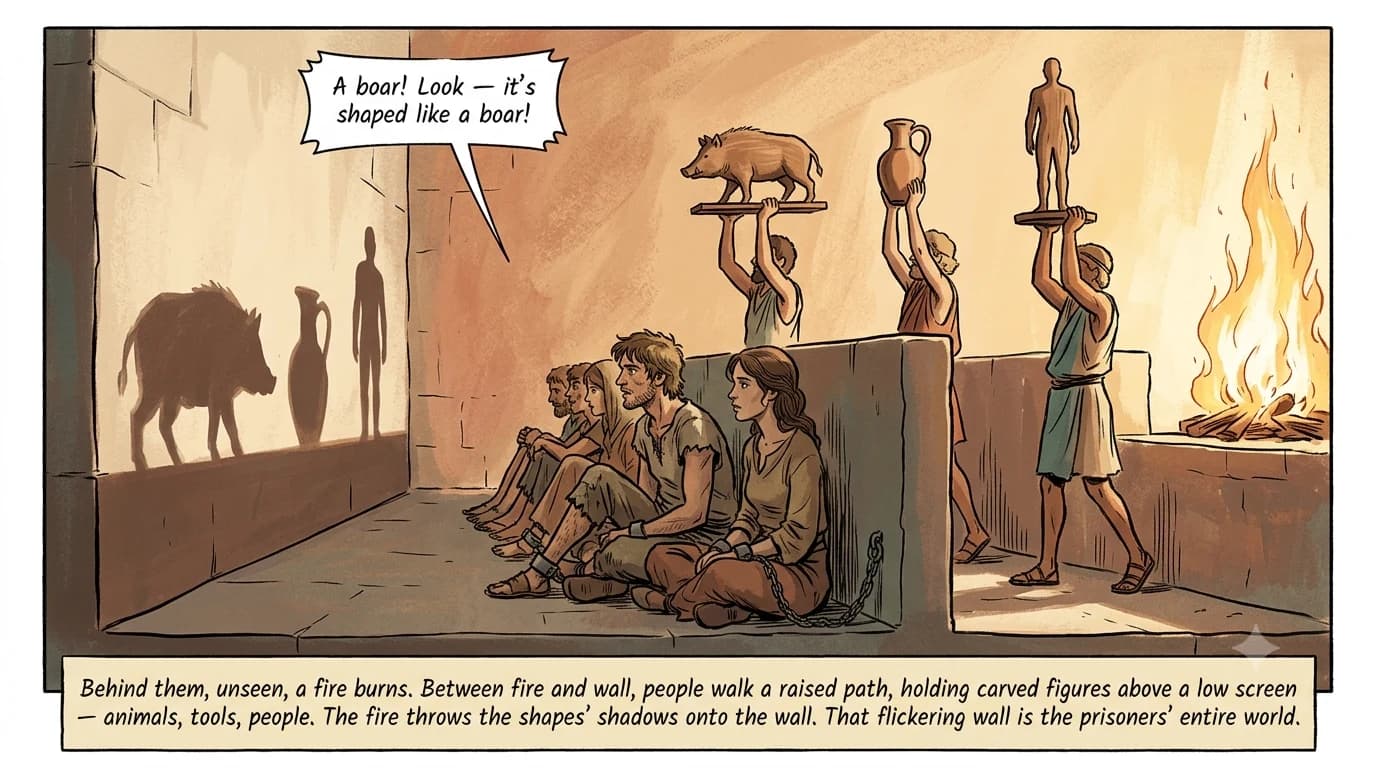A cutaway view revealing a fire and a raised walkway behind the chained prisoners, where unseen figures carry carved shapes above a low wall, casting shadows onto the wall the prisoners face.