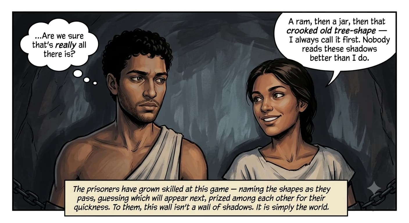 A close two-shot of two chained prisoners lit by shadow-flicker; one grins with confidence at correctly naming the shapes, while the other watches with a flicker of doubt.
