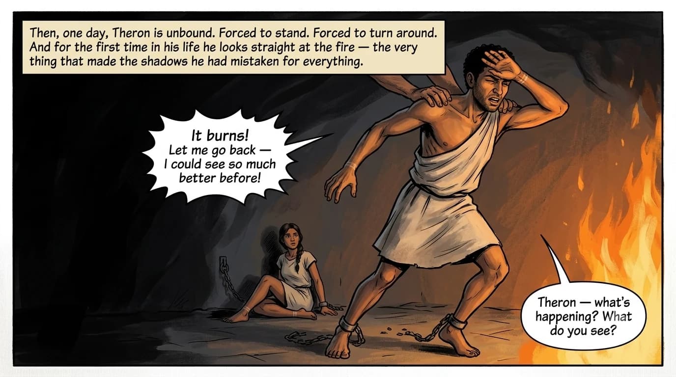 A prisoner is wrenched to his feet and forced to face a blazing fire for the first time, recoiling and shielding his eyes, while a chained companion calls out to him unseen.
