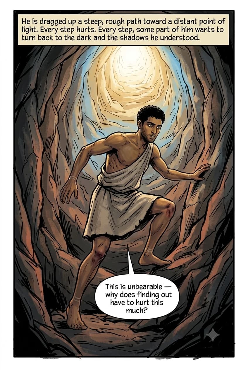 A prisoner is dragged up a steep, narrow rock tunnel toward a small distant point of light far above, struggling and scraping against the stone the whole way.