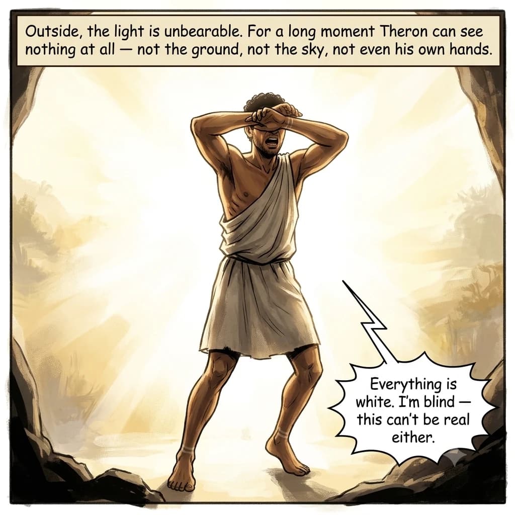 A man stumbles out of a cave mouth into blinding full daylight, both hands thrown over his eyes, unable to see anything at all.