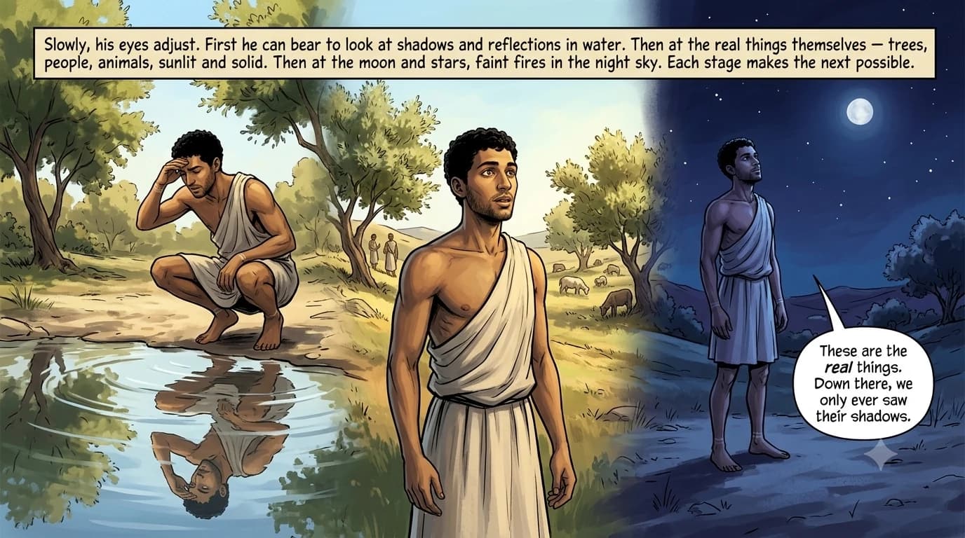 A three-stage wide sequence of a man slowly regaining his sight: first looking at reflections in still water, then at real sunlit trees and people, then at the moon and stars at night.