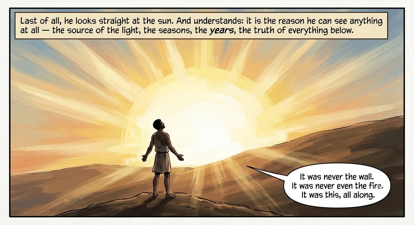 A man stands on a hilltop at sunrise, staggered and awestruck as he looks directly at the sun for the first time, arms slightly spread.