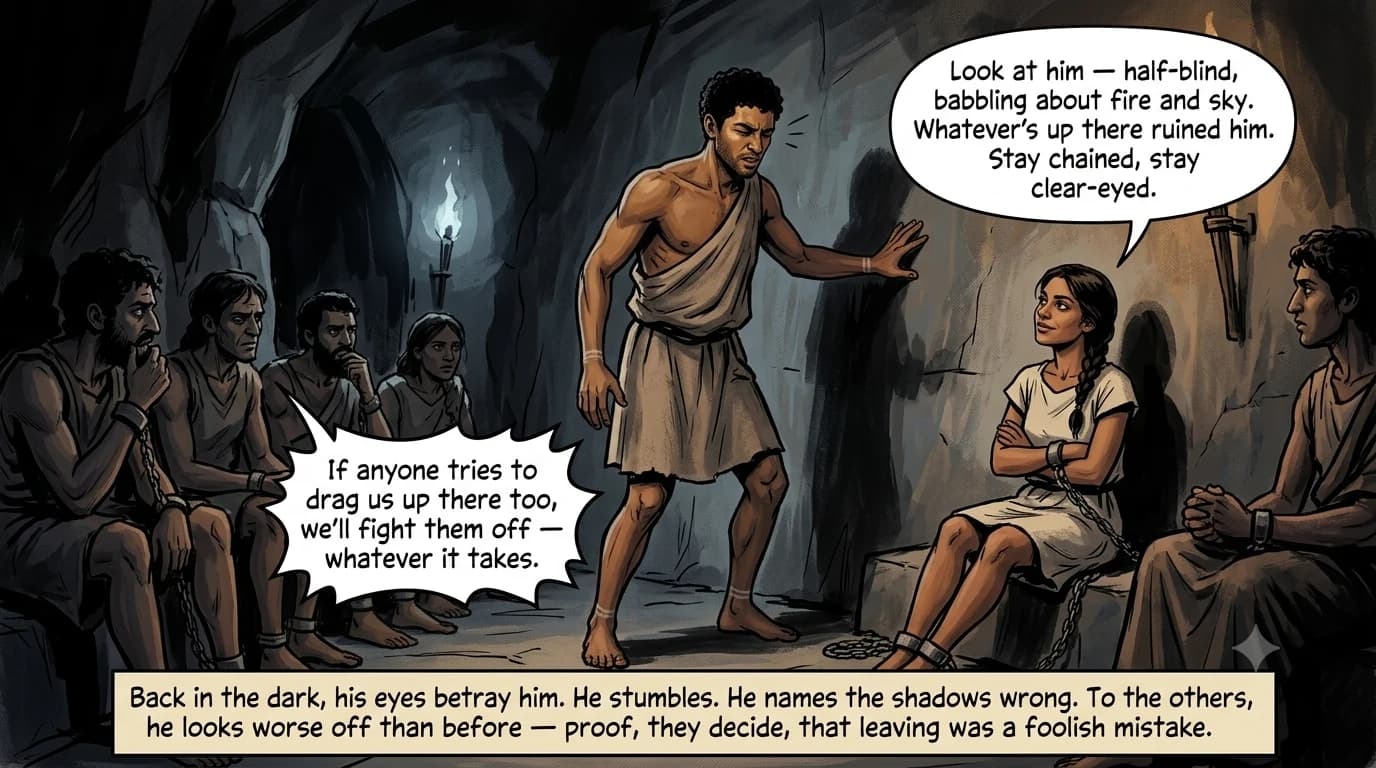 A man stumbles back into the dim cave, squinting and disoriented, fumbling to name the shadows correctly while his chained companions mock him.
