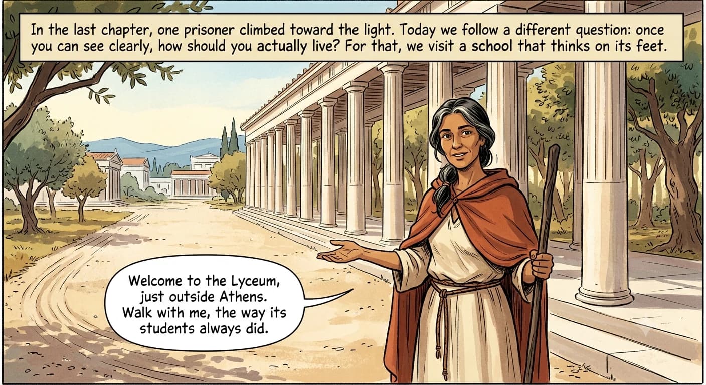 A warm philosophy guide stands beside a columned walkway that runs into an olive grove at golden morning, one hand on her staff, welcoming the viewer onto the path.