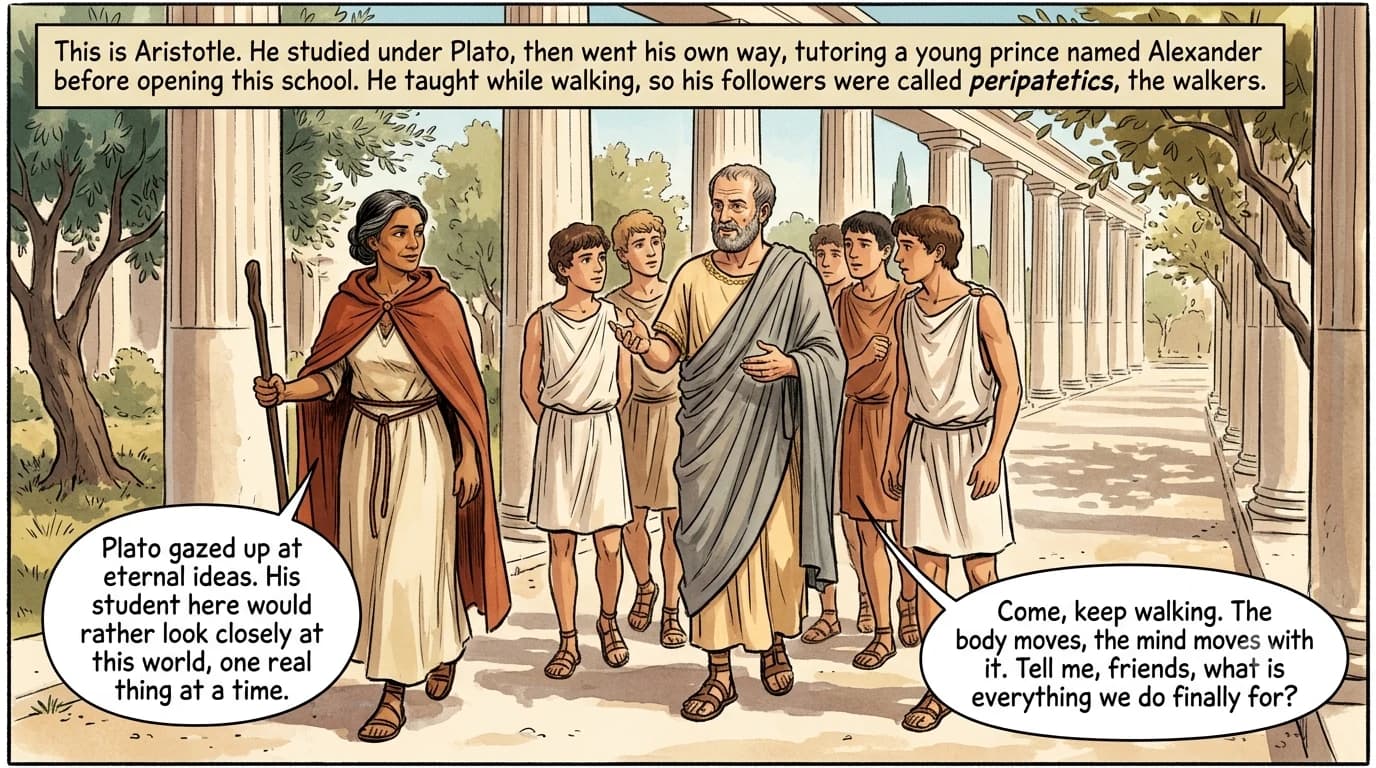 A well-dressed older philosopher walks mid-stride along a sunlit colonnade, gesturing as he speaks to a cluster of young students, while a guide walks a half-step apart introducing him.