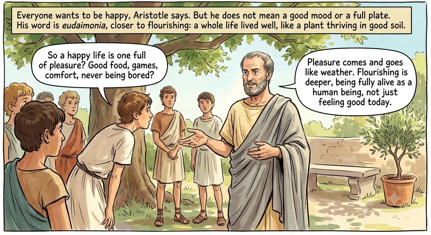 Under a broad tree, an older philosopher explains patiently to a cluster of students, one of whom leans in with a question, a thriving potted olive sapling glowing in the sunlit garden behind them.
