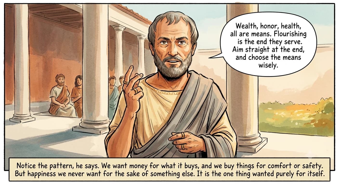 A medium close portrait of a well-dressed older philosopher framed between two pale stone columns, lifting a ringed hand in a counting gesture as students listen in the softly blurred background.