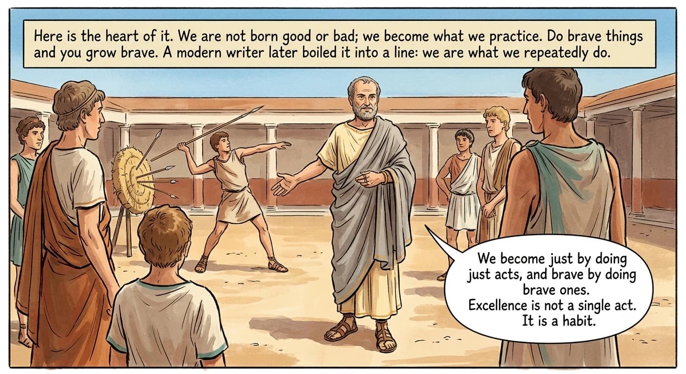 A young student practices javelin throws at a straw target, earlier javelins already clustered near the mark, while an older philosopher turns to the other students and gestures toward him as an example.