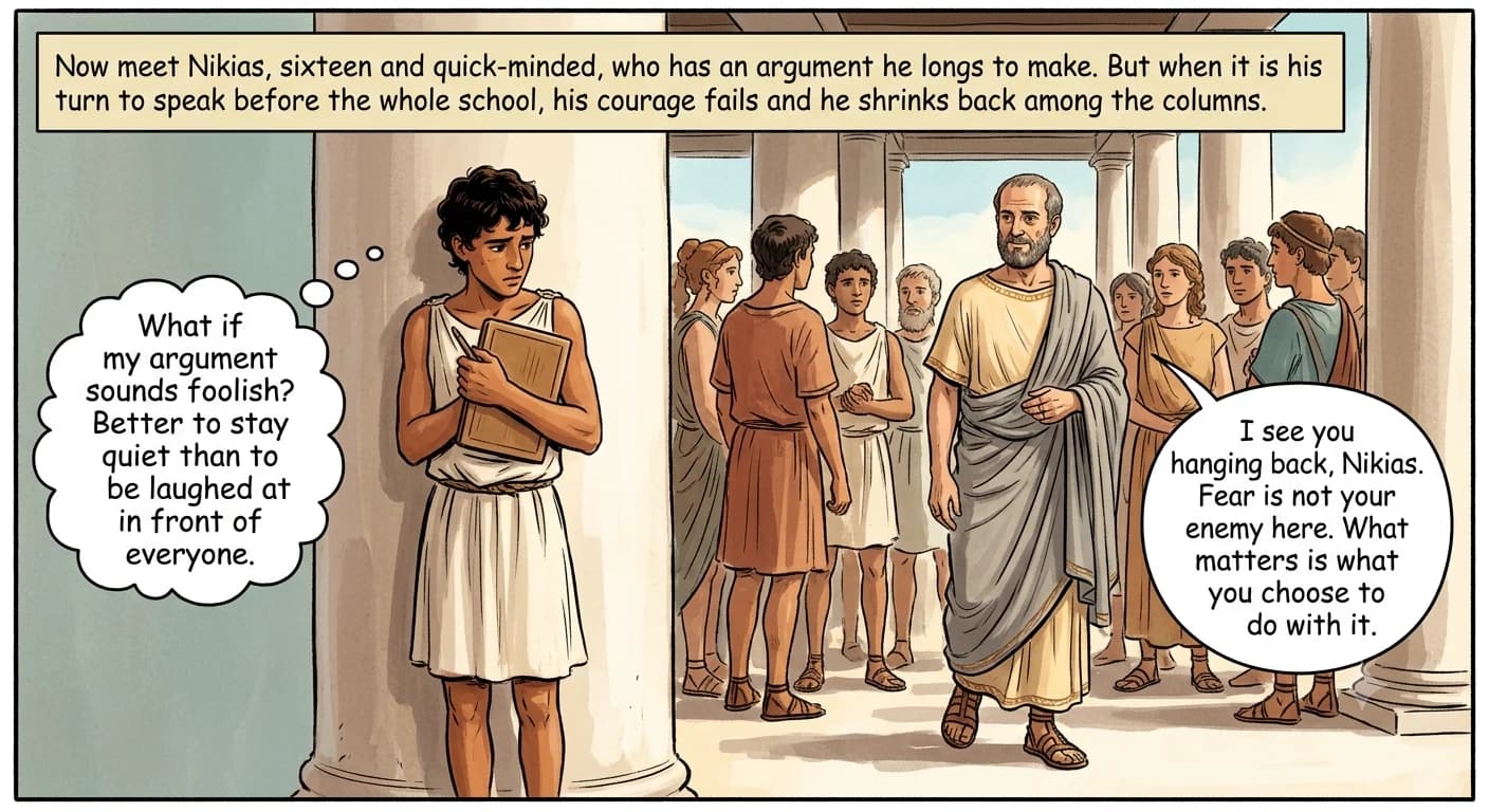 A lean teenage student presses himself against a stone column, shoulders drawn in and clutching a wax tablet in fear, while an older philosopher turns from the crowd to notice him with an encouraging look.