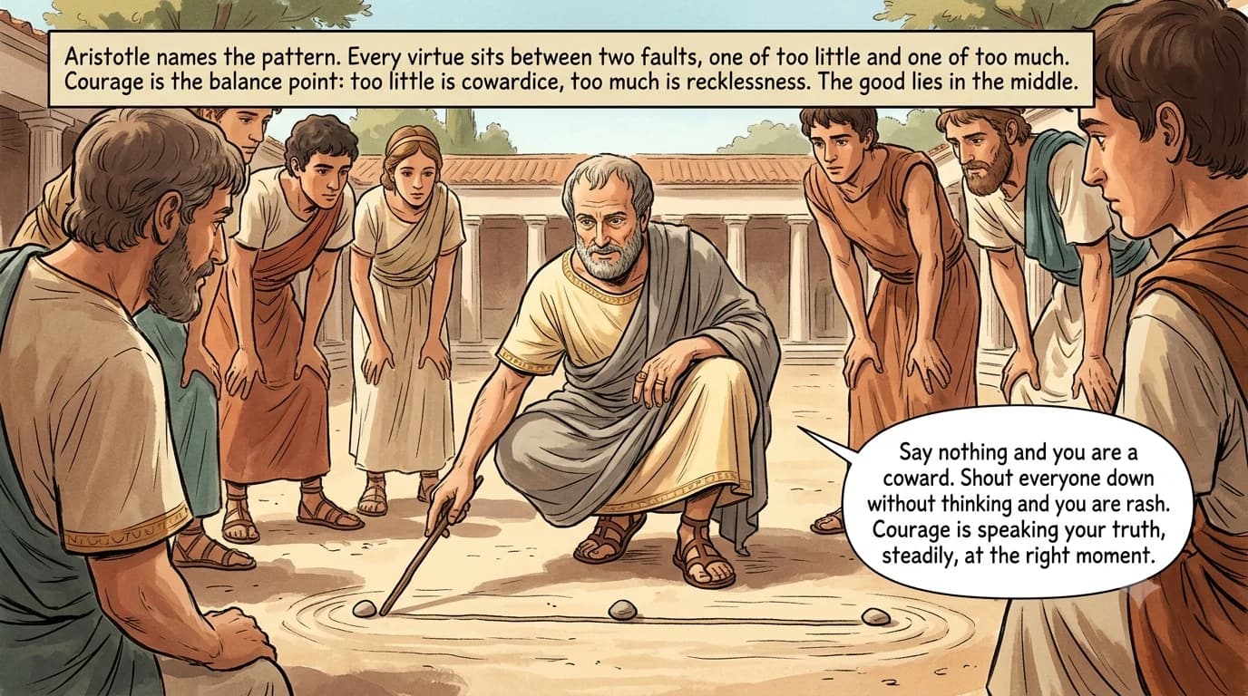 An older philosopher crouches in a sunlit courtyard drawing a long line in the dust with a stick, three small pebbles set along it at the ends and middle, as students lean in around him in a loose ring.
