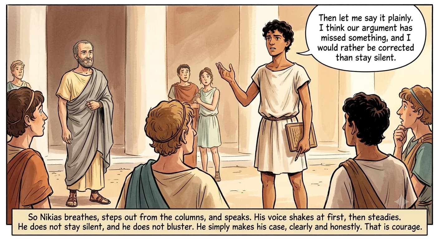A lean teenage student stands tall in the open courtyard, tablet lowered, one hand lifted in a measured gesture as he makes his argument, while the students listen and an older philosopher watches with a quiet approving smile.
