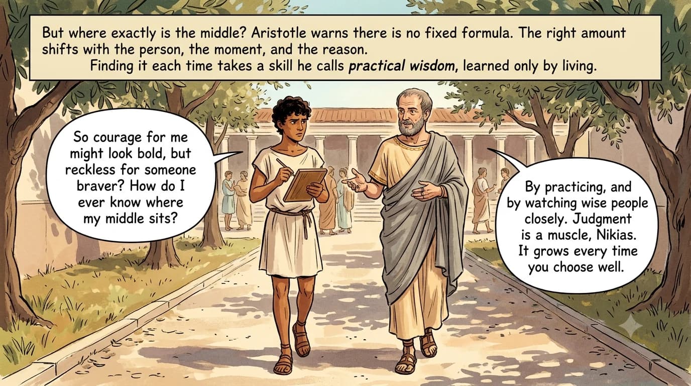 An older philosopher and a lean teenage student walk slowly together along a tree-lined path in soft late-afternoon light, the student turning a stylus in thought as the teacher speaks with an open gesture.