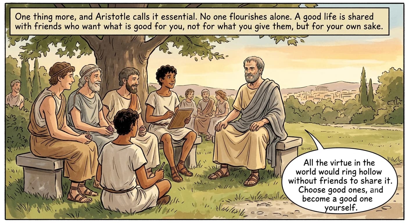 A warm evening gathering under a spreading tree, an older philosopher seated among a relaxed half-circle of students sharing figs and wine, one young student laughing easily with a friend beside him, Athens glowing beyond the trees.
