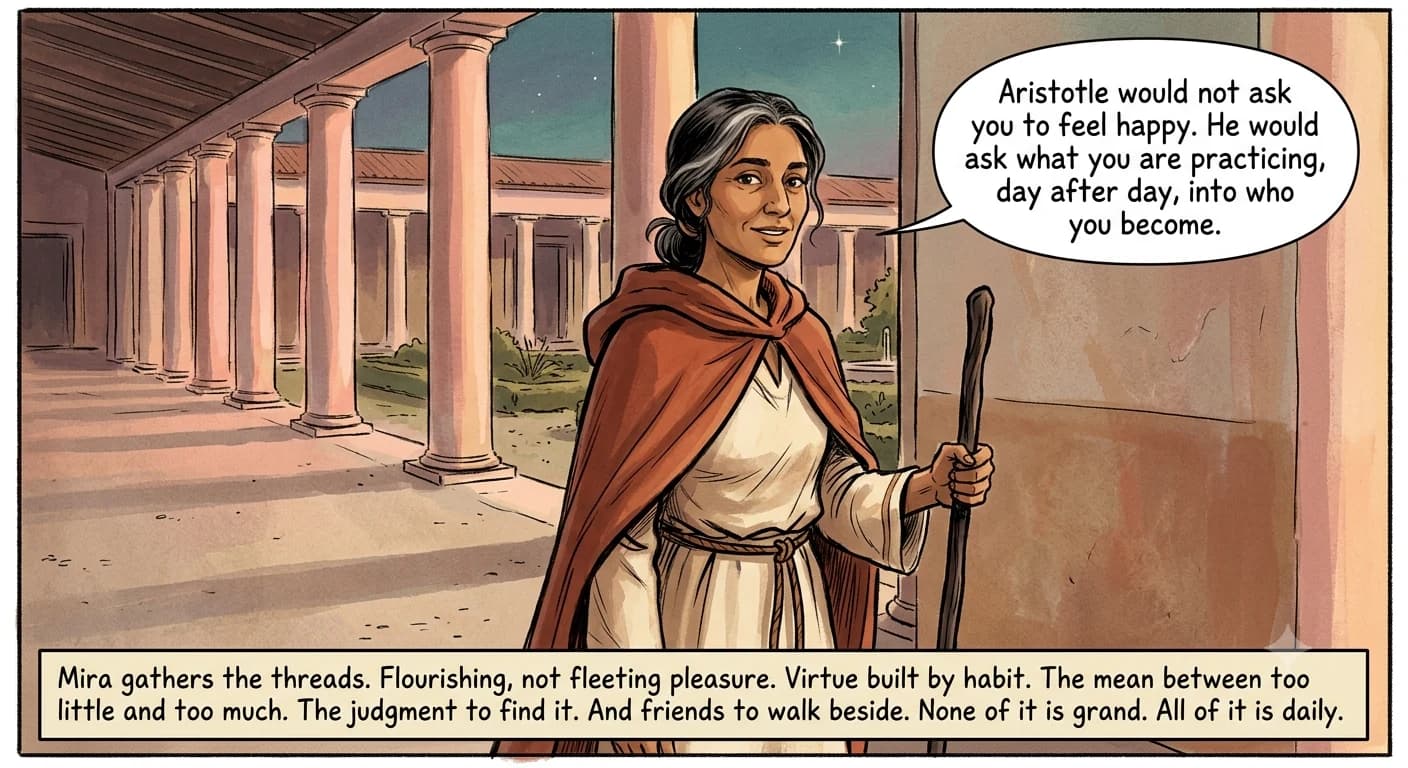 A warm philosophy guide stands alone on an emptying columned walkway at dusk, staff in hand, half-turned toward the viewer with a gathering expression as a first star appears in the deepening sky.