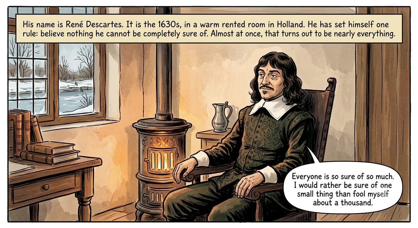 A thoughtful 17th-century man sits in a high-backed chair beside a glowing stove in a modest study, a frozen canal visible through the window behind him.