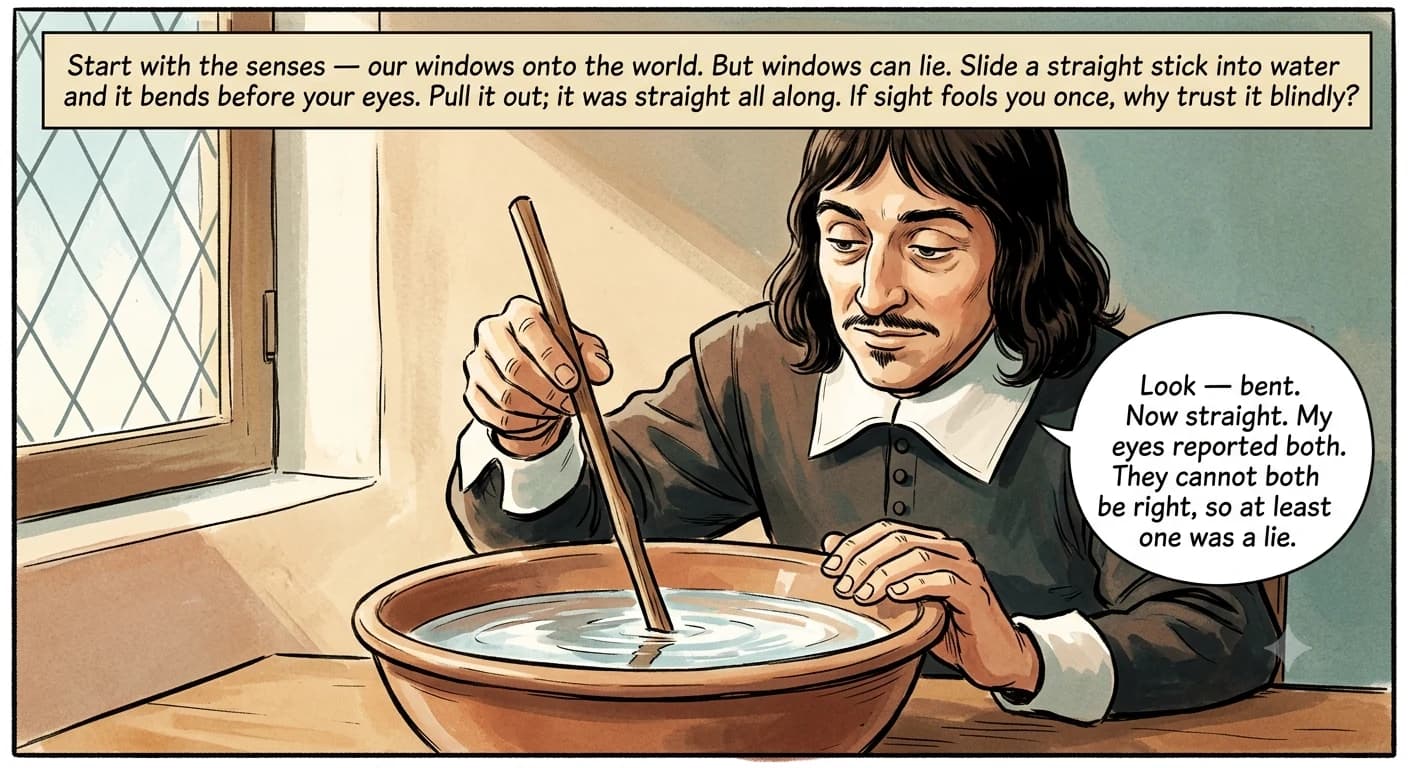 A man lowers a straight stick into a wide bowl of clear water on a table; at the water's surface the stick appears sharply bent although it is whole.