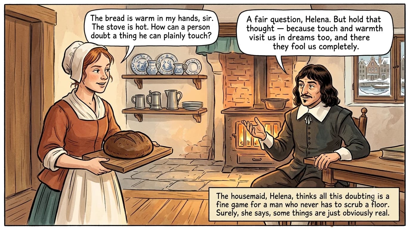 A young housemaid holds a loaf of bread on a board and questions a seated 17th-century scholar across a warm kitchen-study, who half-turns to answer her.