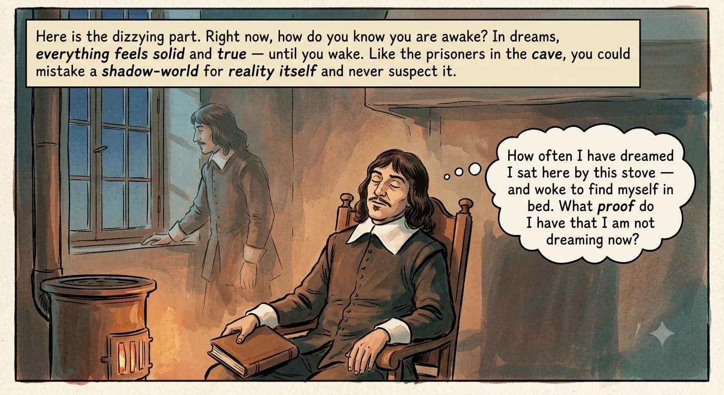 A man dozes in a chair by a dying stove as the room around him blurs into a dreamlike double image, its walls softening toward a dim, shadow-streaked surface like a cave wall.