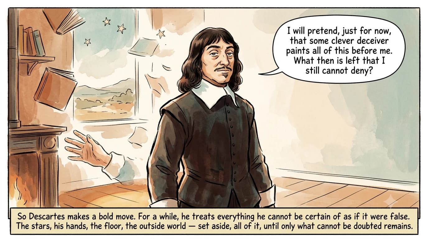 A man stands upright and resolute in his study while the room and the world beyond dissolve into pale fading fragments, only the small patch of floor beneath his feet staying solid.