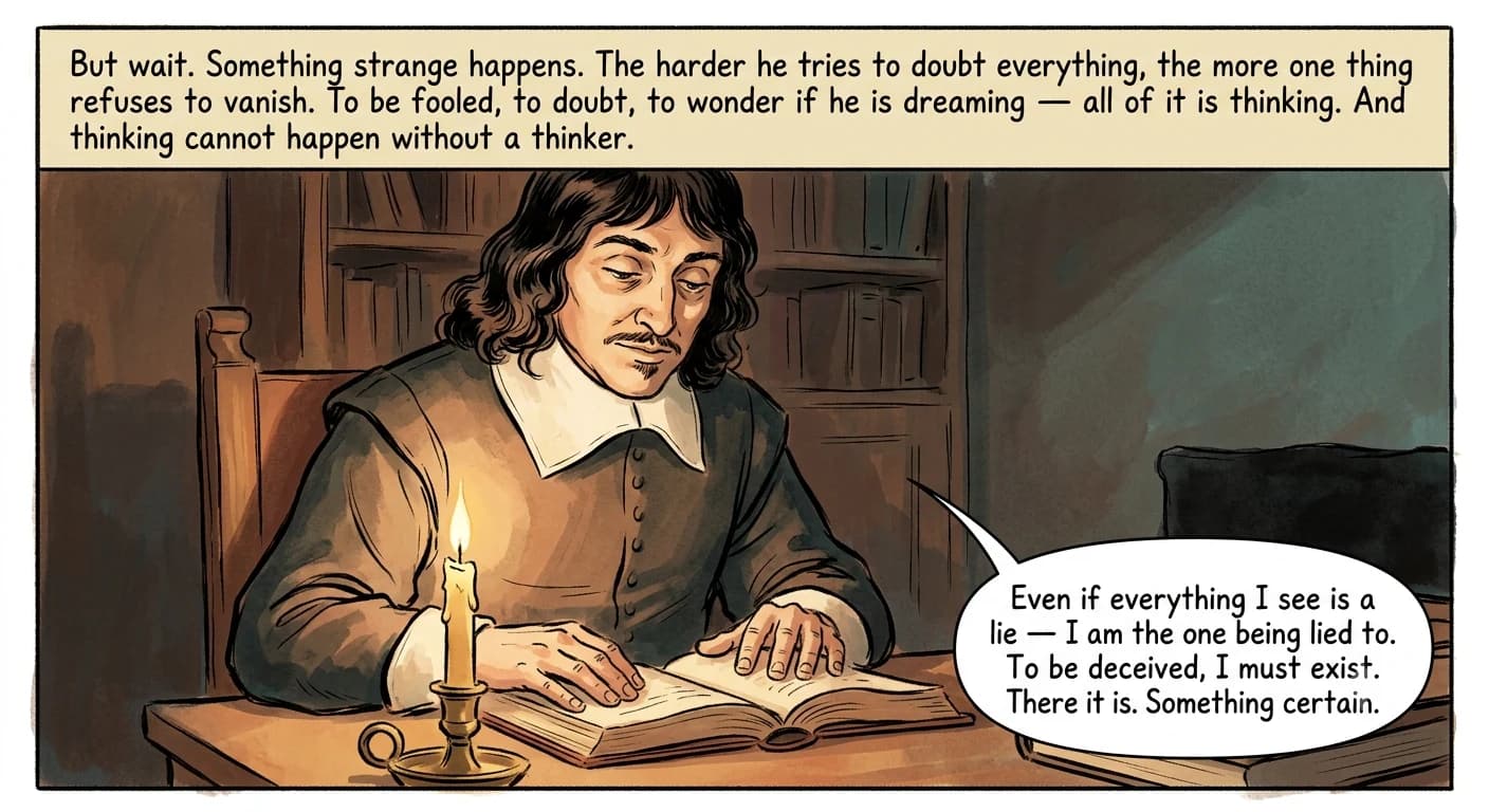 A man's face is lit from below by a single candle flame, sudden clarity dawning in his eyes, while the study around him falls away into deep shadow.