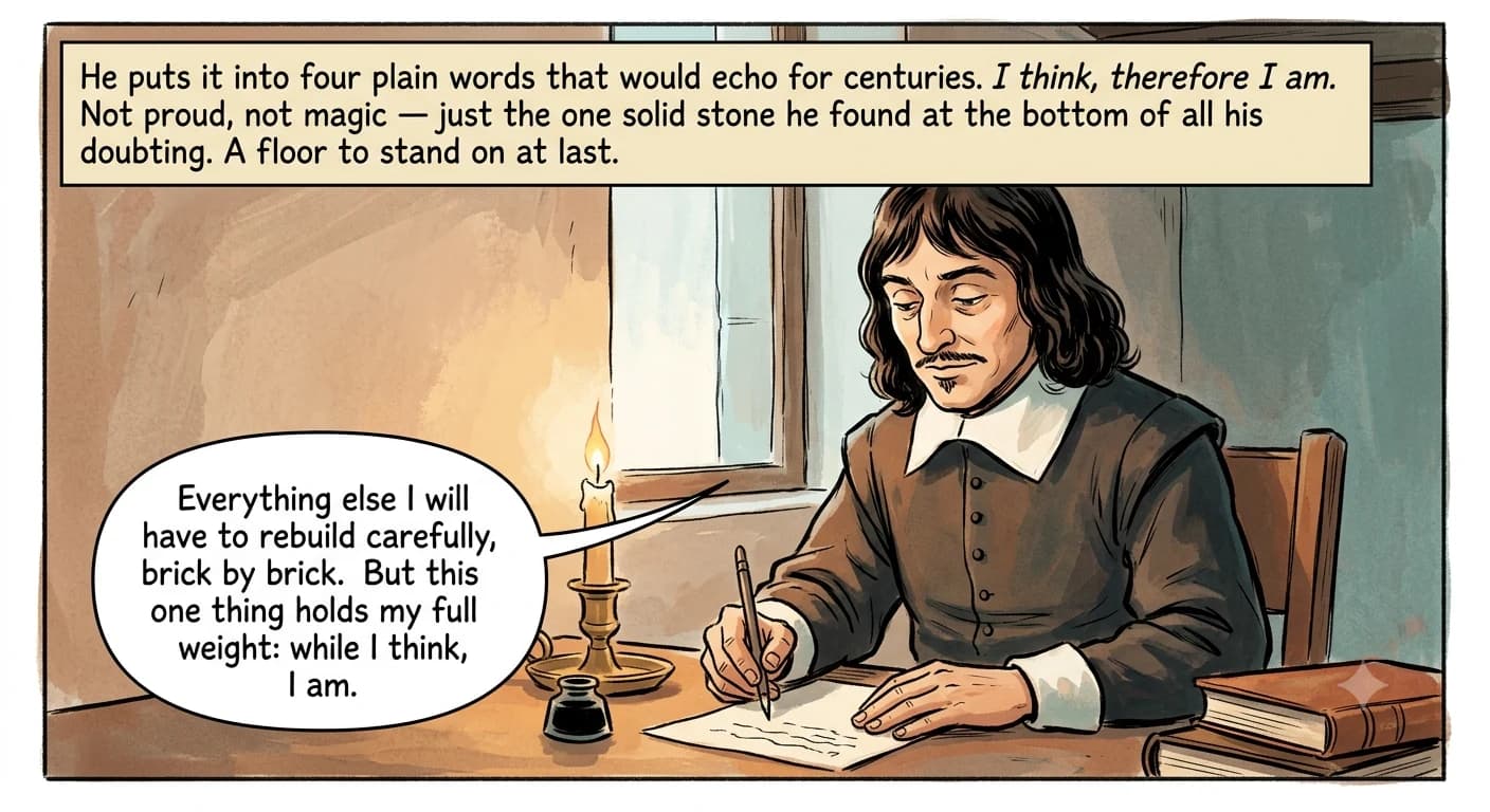 A man bends over a sheet of paper at his writing desk by a window, pen in hand, candlelight and cool daylight mingling across the desk as he writes.