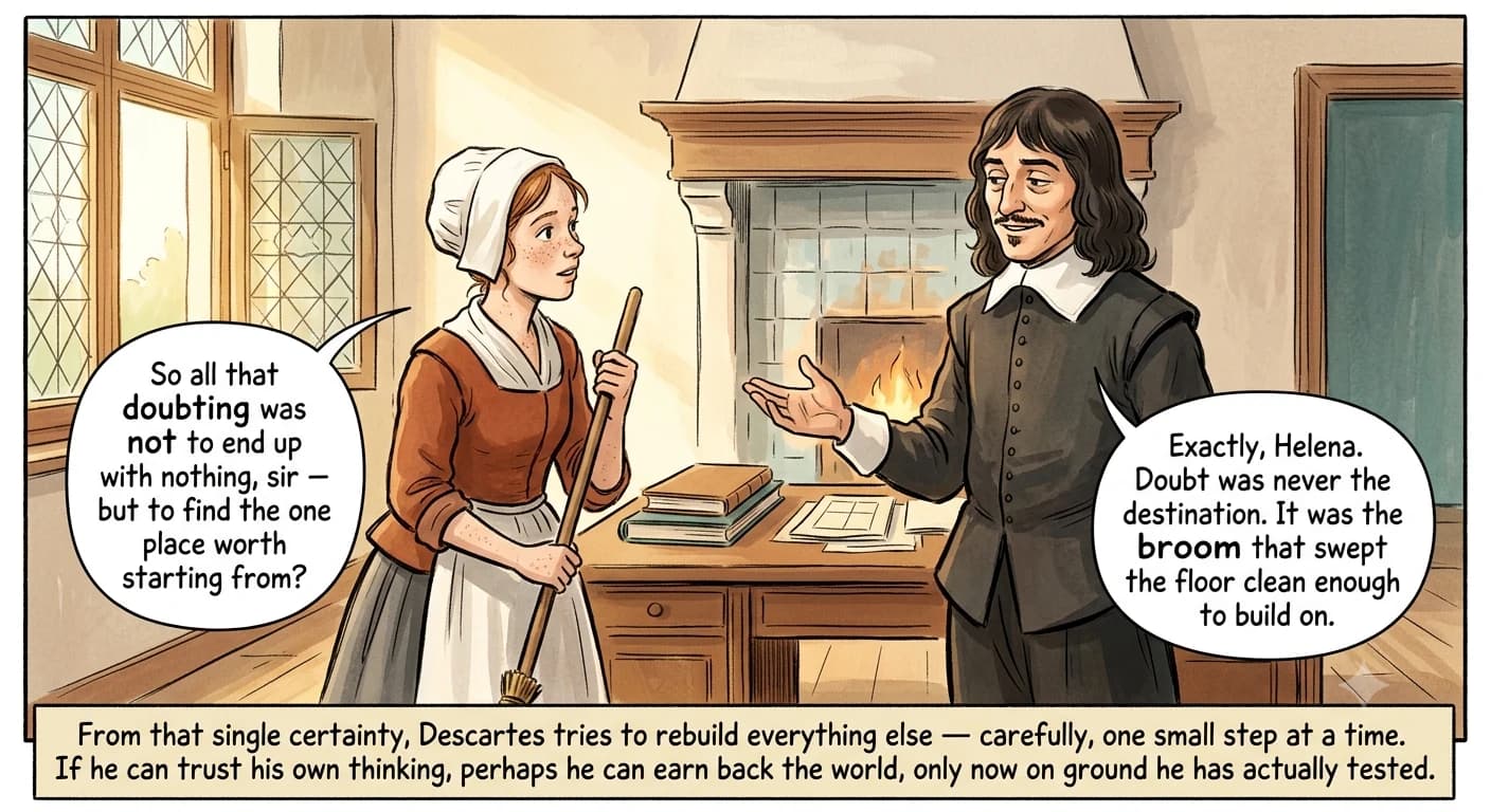 In a bright, tidy study a young housemaid pauses mid-sweep with a broom, listening, while a more relaxed 17th-century scholar gestures warmly as he explains.