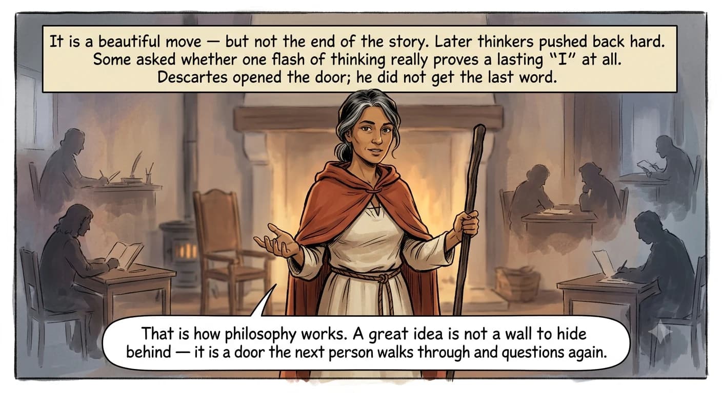 A philosophy guide stands in a warm study addressing the reader while faint painted silhouettes of later scholars at their desks drift in the dim background behind her.