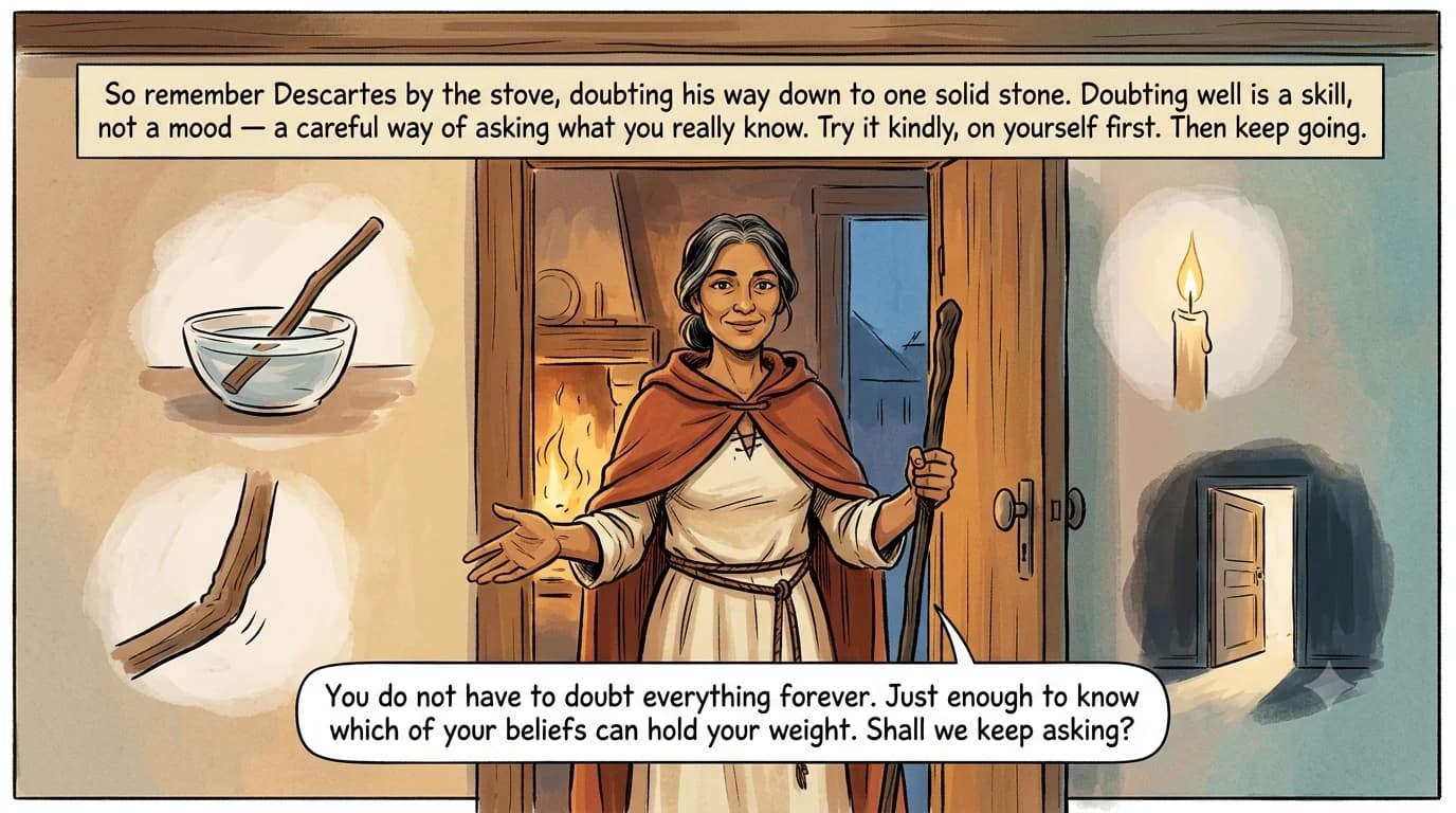 A philosophy guide stands in the warm doorway of an old Dutch study addressing the reader, faint painted motifs of a bent stick in water, a candle flame, and an open door of light floating around her.
