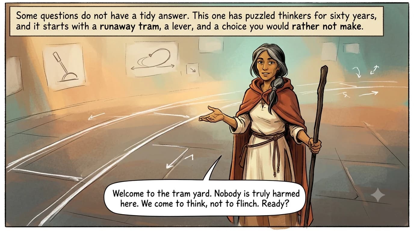 A warm philosophy guide stands in a stylized chalk-drawn tram yard, one hand open in welcome, inviting the reader into an imaginary thought experiment.