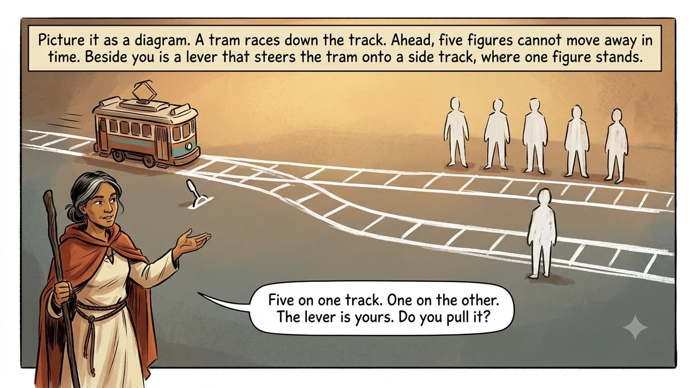 A chalk schematic on a grey floor shows a toy tram on a track that splits at a lever, with five flat silhouette figures on one line and a single silhouette on the other.