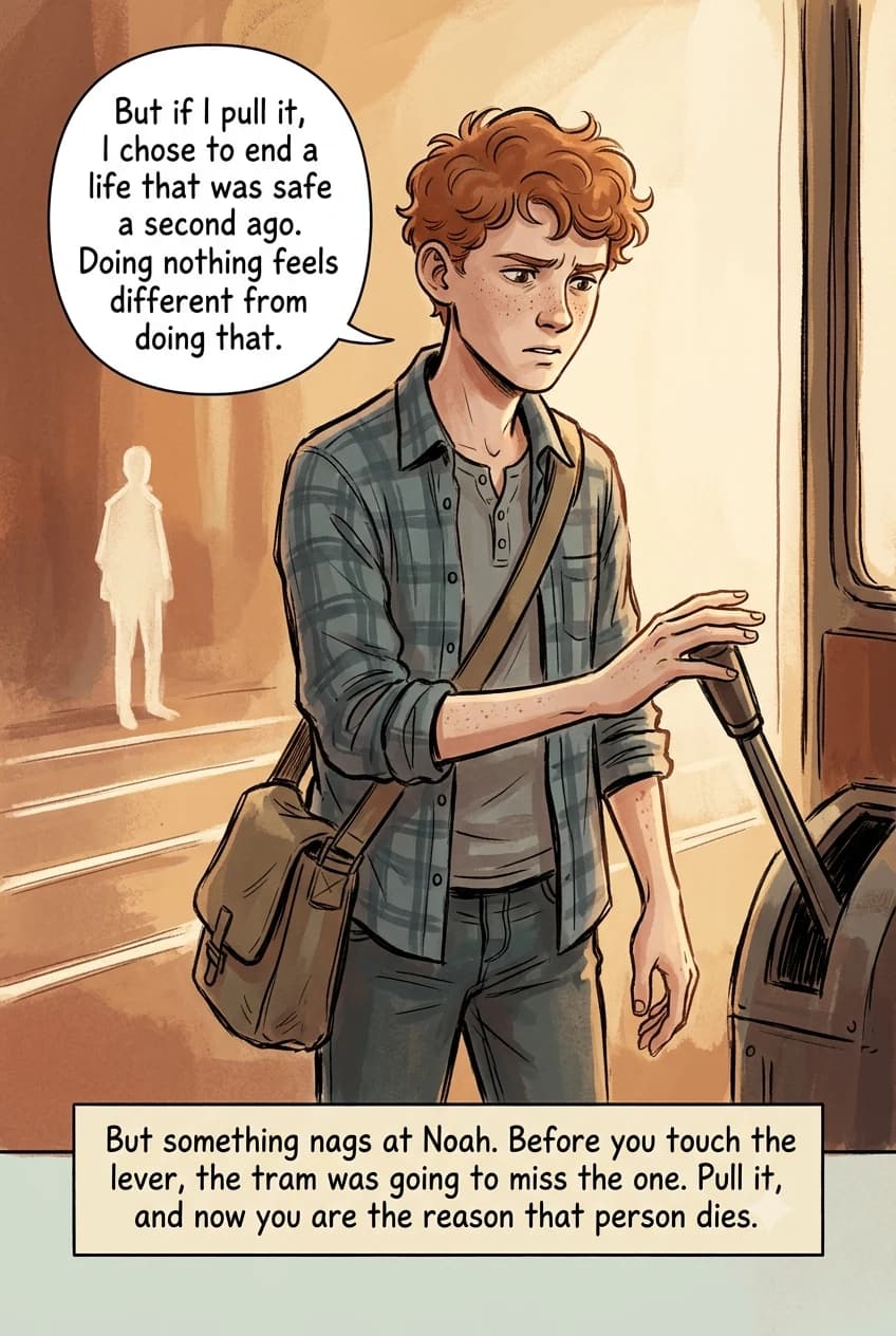 A troubled teen stands close to the frame, hand hovering near a chalk lever without touching it, brow drawn, a single silhouette glowing softly behind him.
