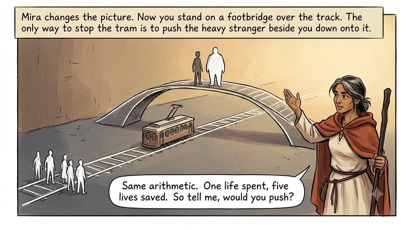 A chalk footbridge arcs over rail lines; two small figures stand on it while a toy tram rolls toward five distant silhouettes, and the guide gestures up at the bridge.