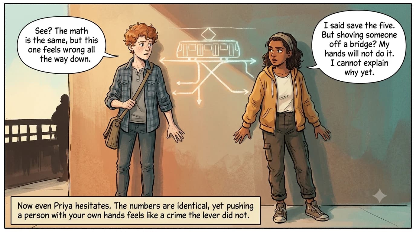 Two teens stand near a chalk footbridge, leaning back and raising their hands in instinctive refusal, a heavy silhouette still on the bridge behind them.