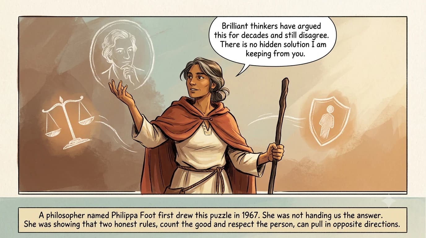 A philosophy guide lifts a hand toward a faint chalk portrait medallion of a thoughtful philosopher, with a set of scales and a shielded figure drifting apart nearby.