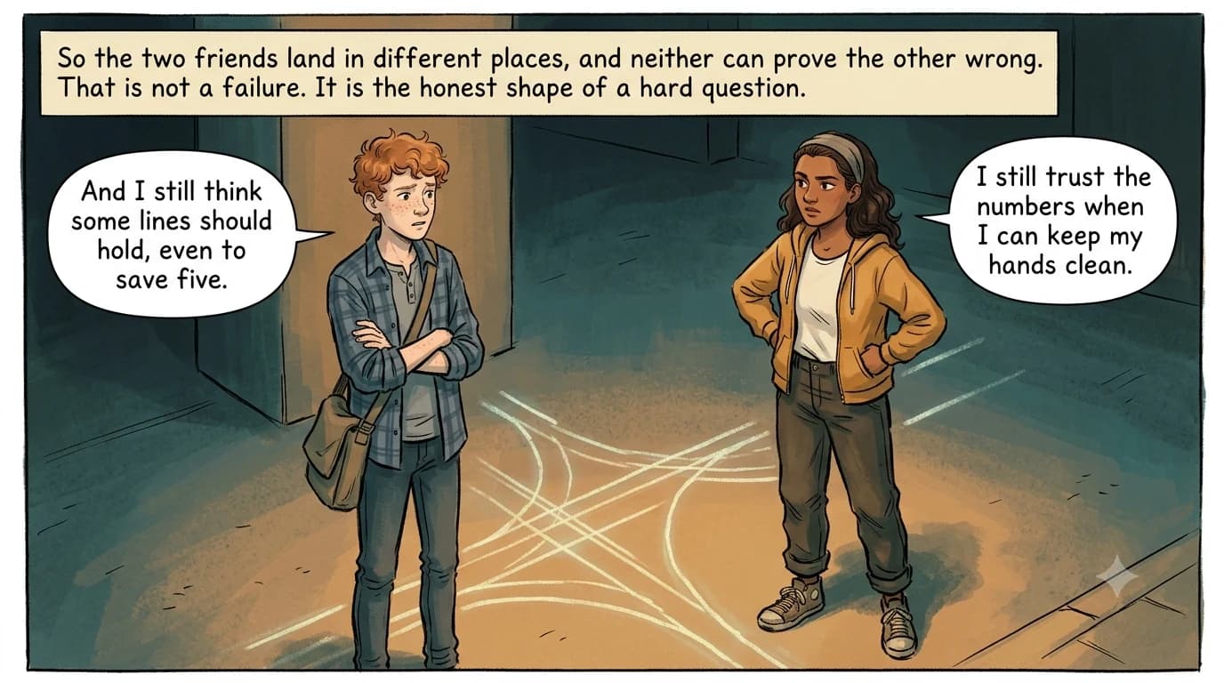 Two teens stand slightly apart on either side of a soft line of light on the floor, calm and thoughtful, having reached different conclusions.