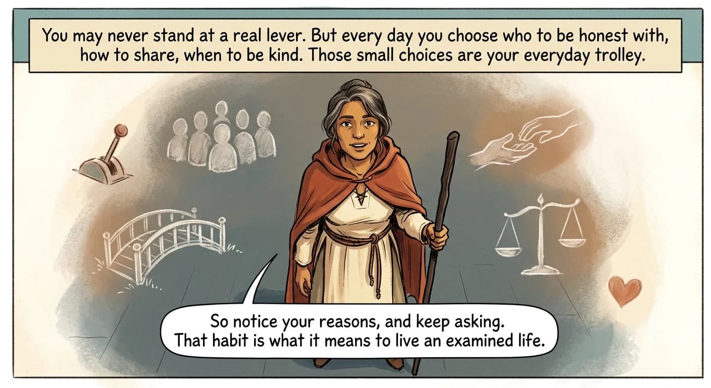 A philosophy guide addresses the reader warmly as faint chalk motifs of a lever, silhouettes, and a footbridge soften into everyday emblems of sharing, fairness, and kindness.