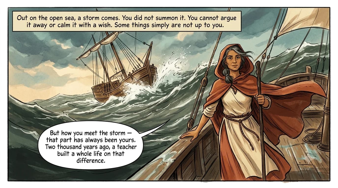 A small ship pitches on huge storm waves while a calm philosophy guide stands braced on the tilting deck, her cloak whipping in the wind, looking out at the reader.