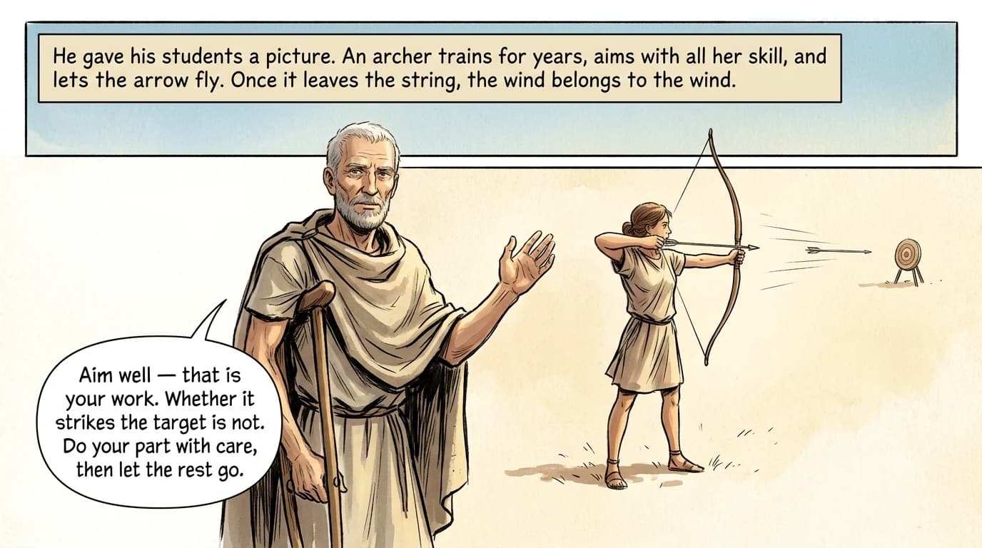 On the left a teacher gestures toward an illustrated scene on the right, where a young archer in profile looses an arrow from a fully drawn bow toward a distant target.